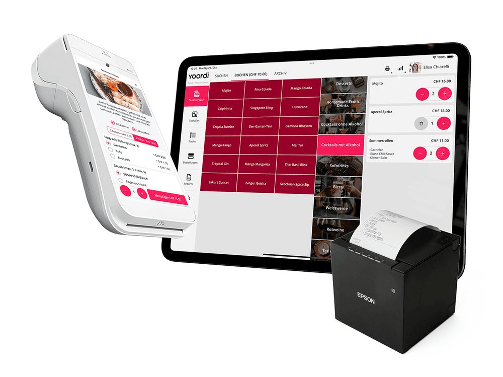 Die Yoordi Kasse auf einem mobilen Bezahlterminal. Die Yoordi Kasse auf einem Tablet. Ein Bondrucker mit einer Quittung..